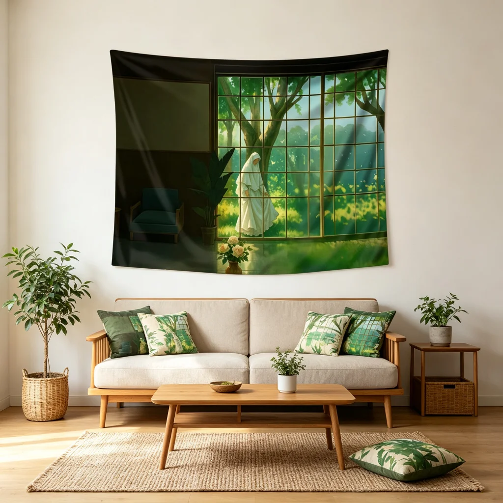 1PC Anime Window Tree Figure Scene Print Backdrop Banner, Bedroom Living Room Photo Background, Polyester, Home Decor, Wall Art