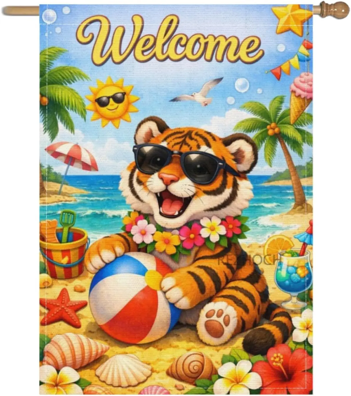 Welcome Funny Tiger Summer Beach Garden Flag 28x40Inch,Cute Animal Sunglasses Beach Ball,Flowers Ocean Coastal Yard Party De AAS