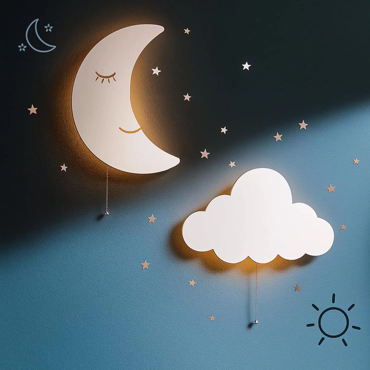 

2 Pack Floating Cloud & Moon Night Lights for Kids Bedroom - Battery-Operated Nursery Wall Lamps