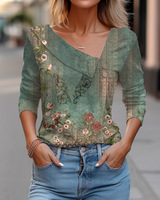 Women Summer Fashion Print V-Neck Top Casual Loose 7/4 Sleeve Blusas Mujer De Moda 2023 Verano Elegantes Blusen Damen Blouse