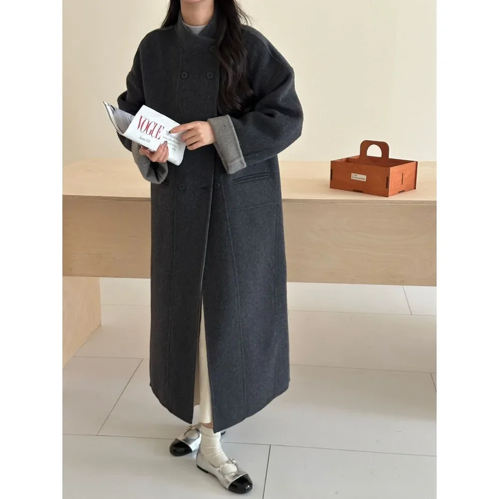 TWOTWINSTYLE Solid Spliced Button Loose Trench for Women Lapel Long Sleeve Temperament Patchwork Pockets Wool Caot Female