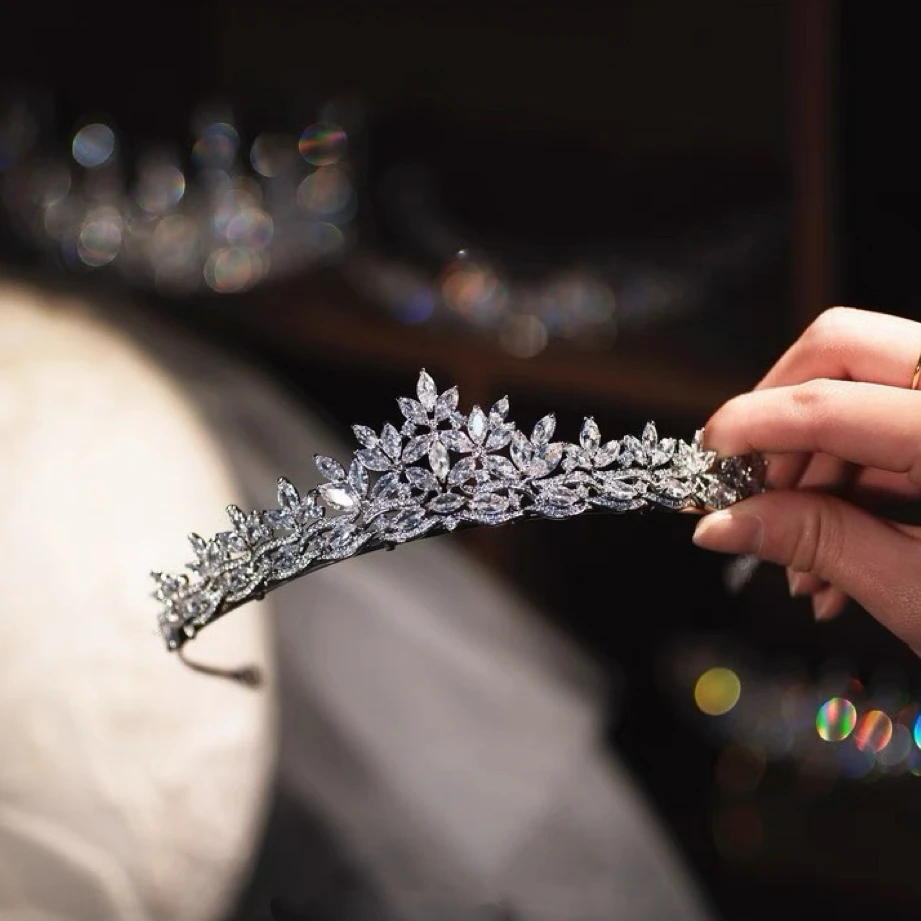 عصابات رأس على شكل تاج من الزركون الملكي للعرائس المتلألئة، هدايا لإكسسوارات شعر الزفاف #3