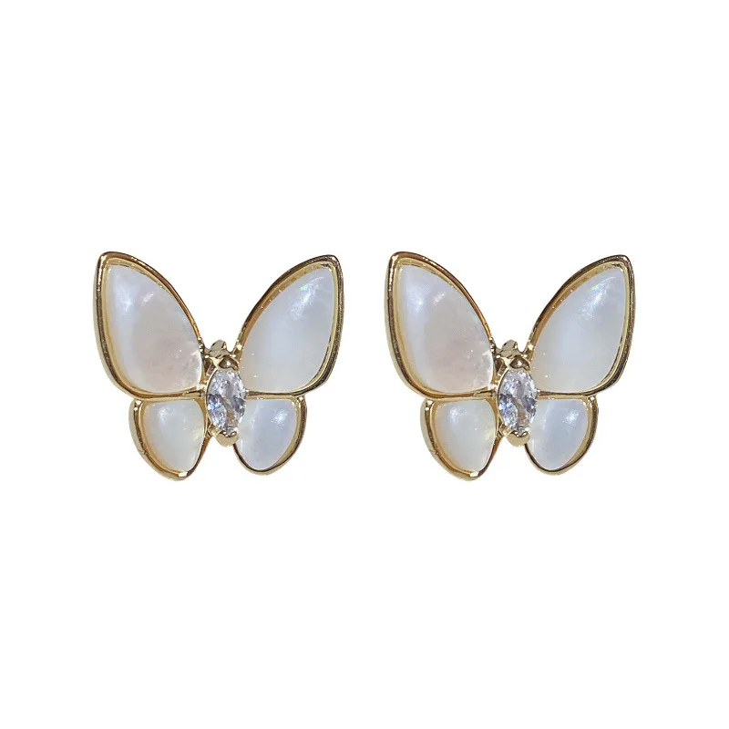 925 Silver Needle Mother-of-pearl Zircon Butterfly Earrings Sweet and Fashionable Temperament Earrings All-match Earrings