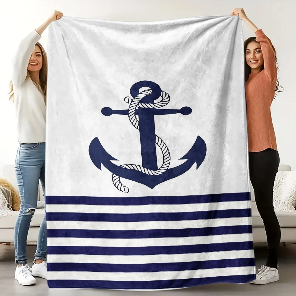 Simple Navy Anchor Rope Horizontal Stripe Marine Pattern Flannel Throw Blanket, Warm Cozy Blanket, Nautical Coastal Room Gift