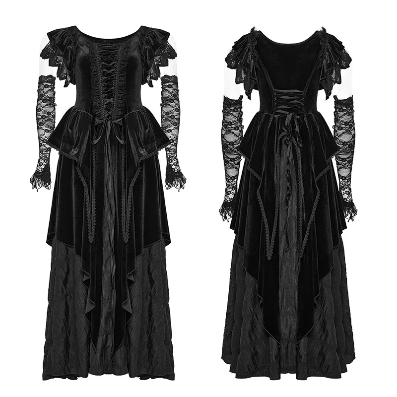 PUNK RAVE Women\'s Gothic Pointed Velvet Symmetrical Dress Skirt  Party Club Long Dresses Women Clothing Pair with Lace Gloves