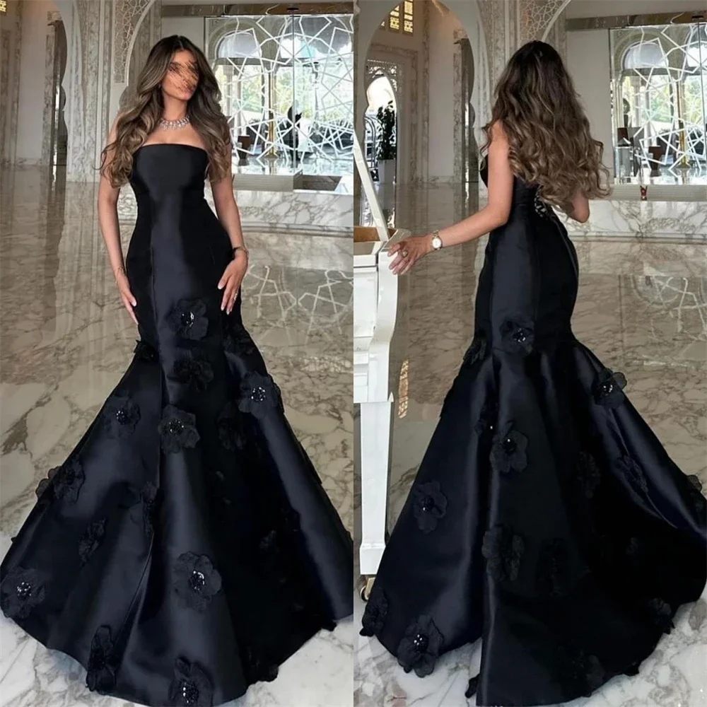 Customized  Evening Gown Saudi Arabia Strapless Trumpet Floor Length Applique HandmadeFlower Bespoke Occasion Dresses