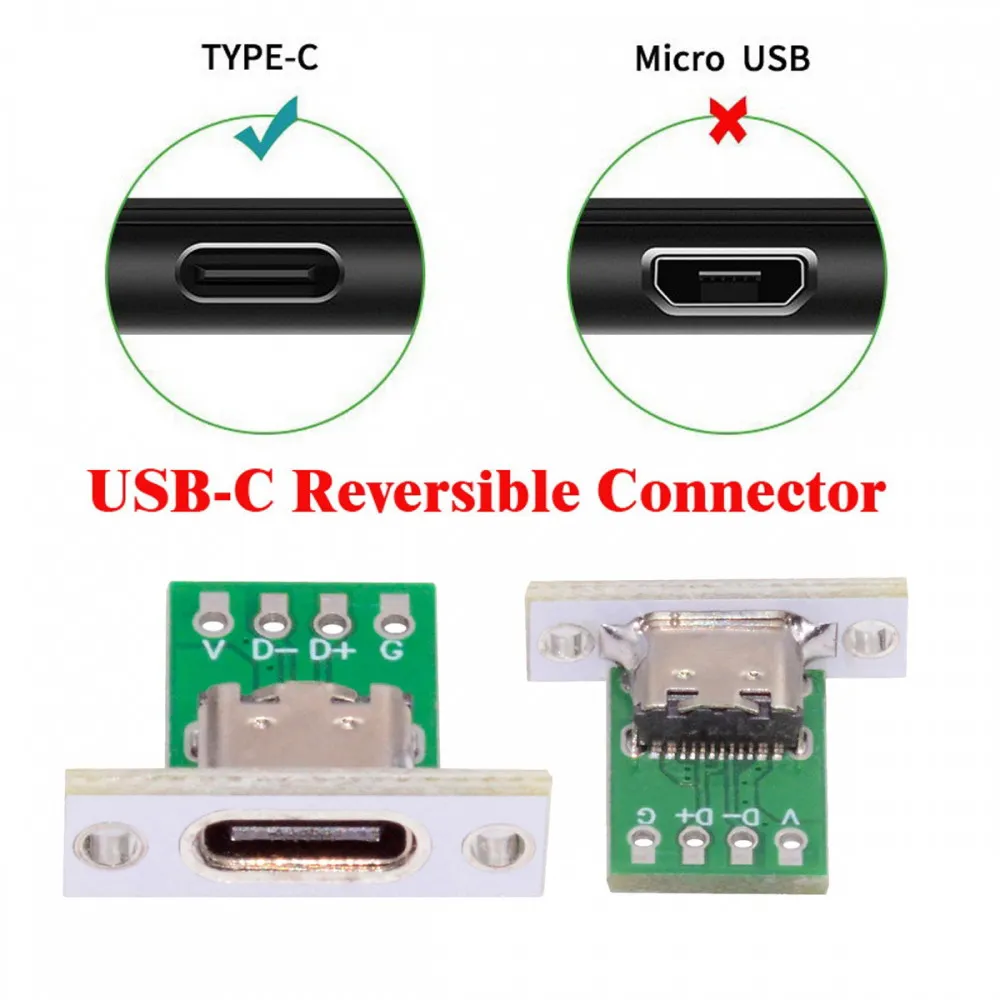 5Pcs USB Type C Socket 4 Pin With Fixing Plate Mount Type-C USB Jack Connector DIY Charging Port 4P Type C Female USB Connectors