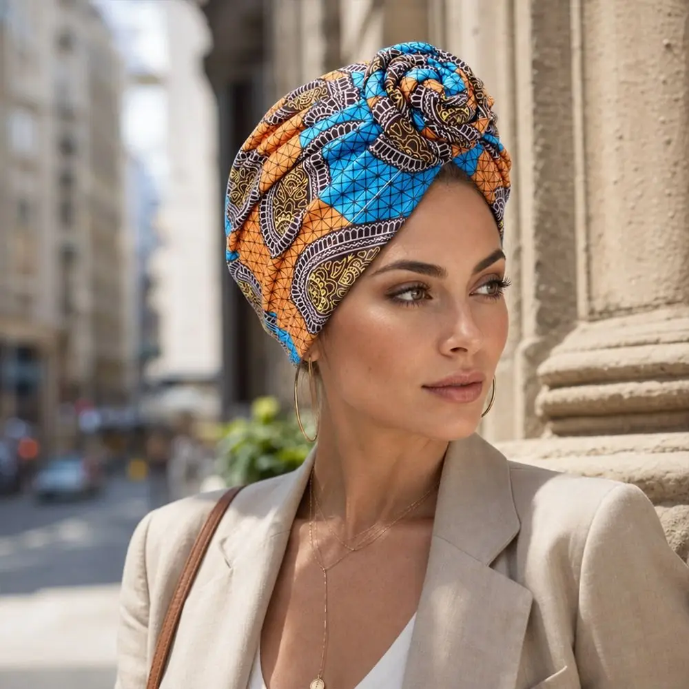 New African Print Hijab Caps Knotted Style Pleated Twist Knot Turban Hat Breathable Wrap Chemo Head Cover Women Headwear
