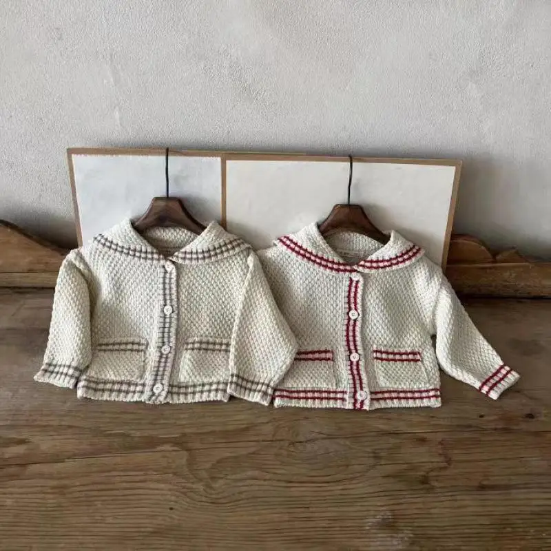 

2024 Autumn New Baby Long Sleeve Vintage Coat Toddler Girl Knit Cardigan Infant Boy Casual Pocket Jacket Baby Knitted Clothes