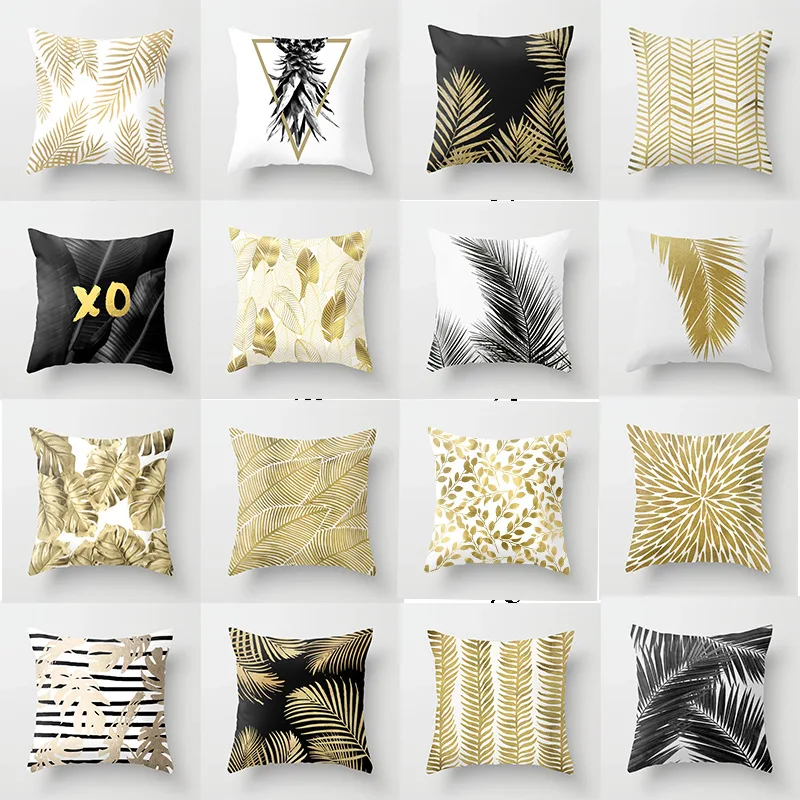 Golden Leaf Pillow Case Hogar Cushion Cover Decoration Salon Black and White Pillow Cover Home Decor Throw Pillows Kussenhoes 60