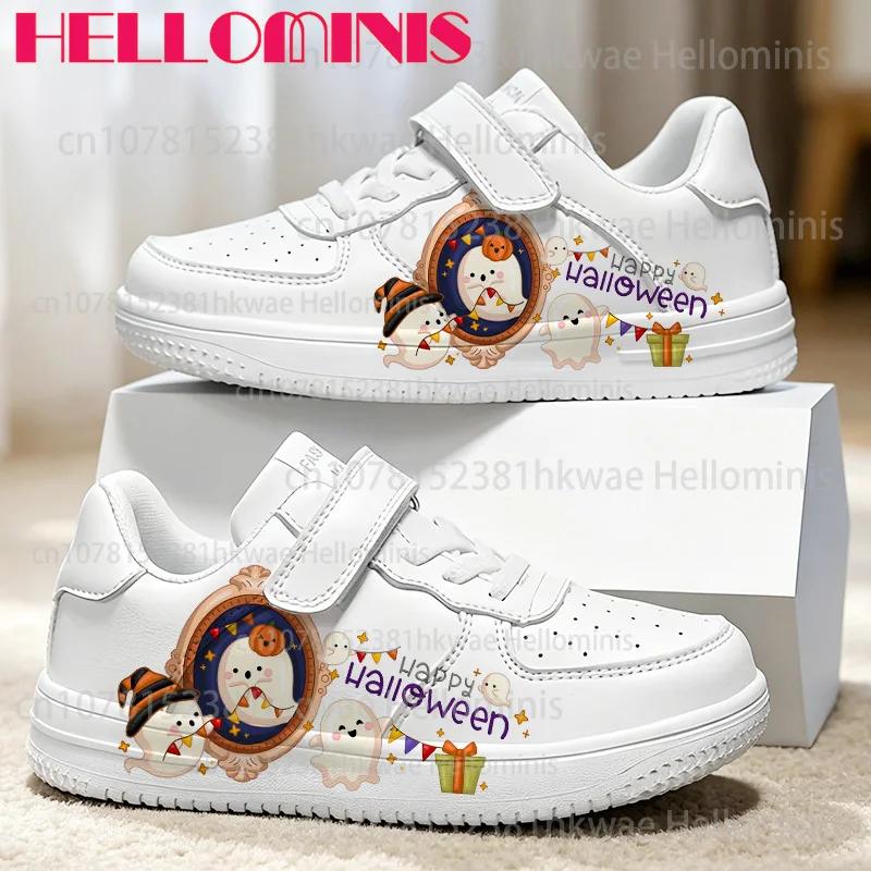 Boys Girls Halloween Casual Sneakers Adorable Cartoon Ghost Pumpkin Witch Print White Shoes Kids Holiday Party Daily Footwear