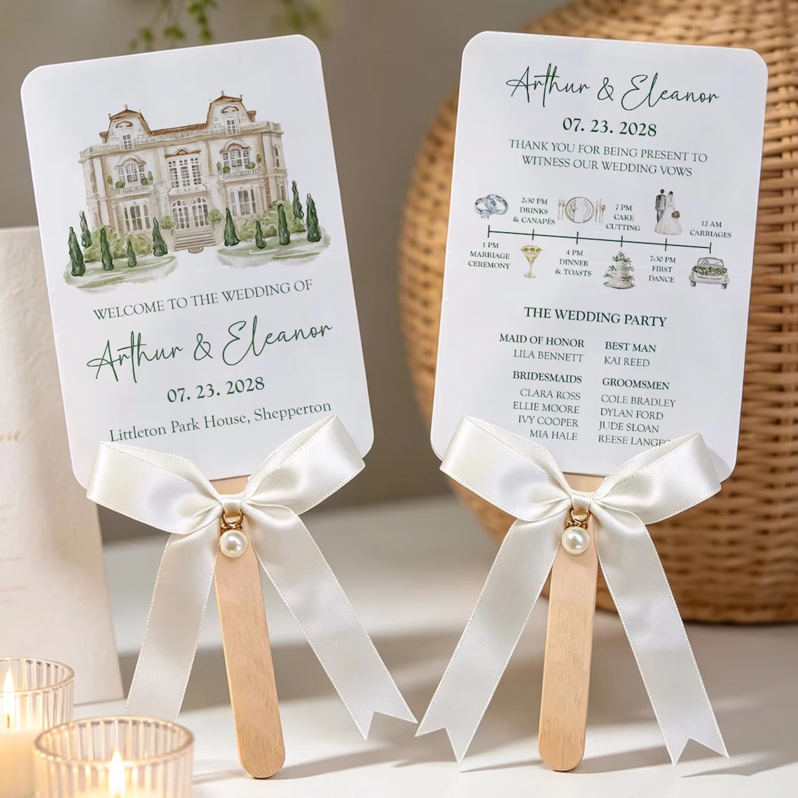 Watercolor Wedding Fan | Custom Illustrated Program | Assembled Ceremony Program Fan
