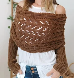 Pullovers Women Tops Shawl Off Shoulder Full Sleeve Sweaters Short Top Elegant Splice Knit Jumpers Hollow Out Autumn Winter