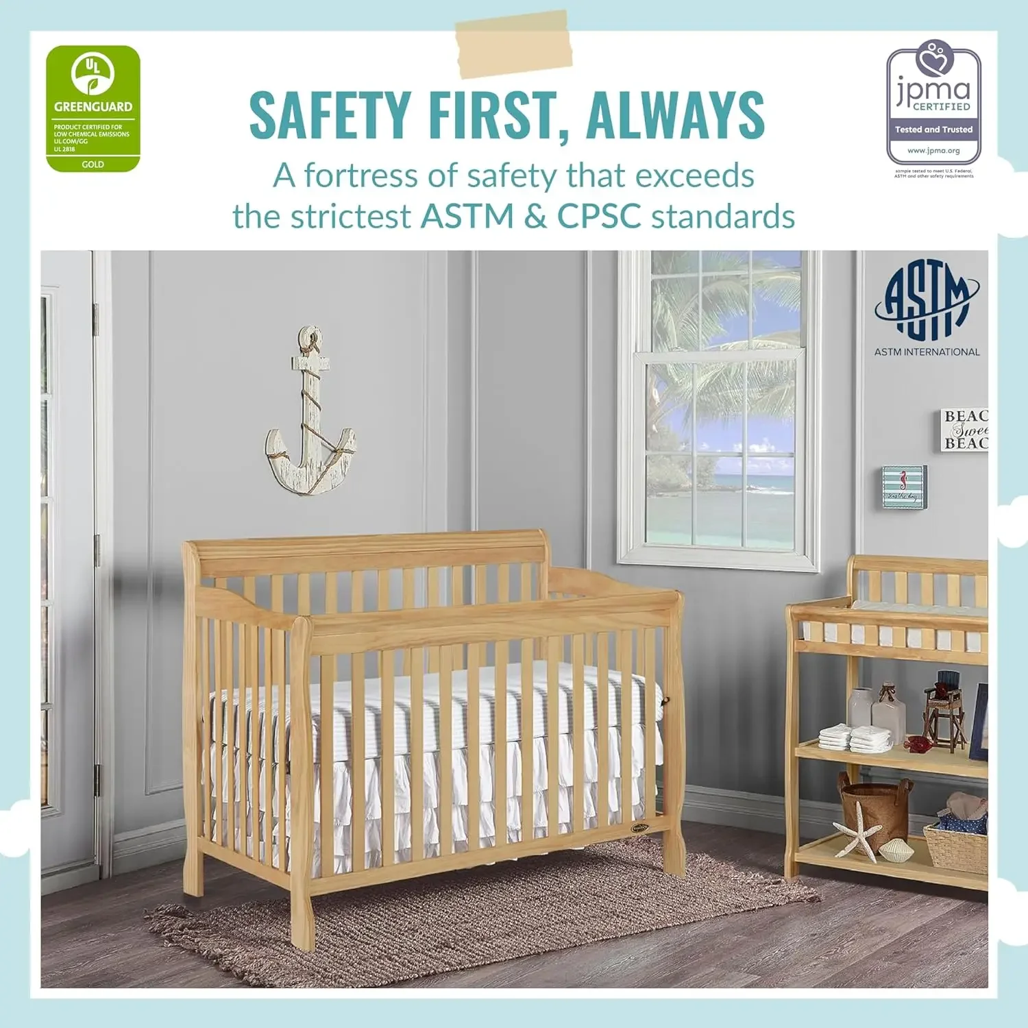 Ashton 4-In-1 Convertible Crib In Natural, Greenguard Gold, JPMA Certified, Non-Toxic Finishes, Features 4 Mattress Height