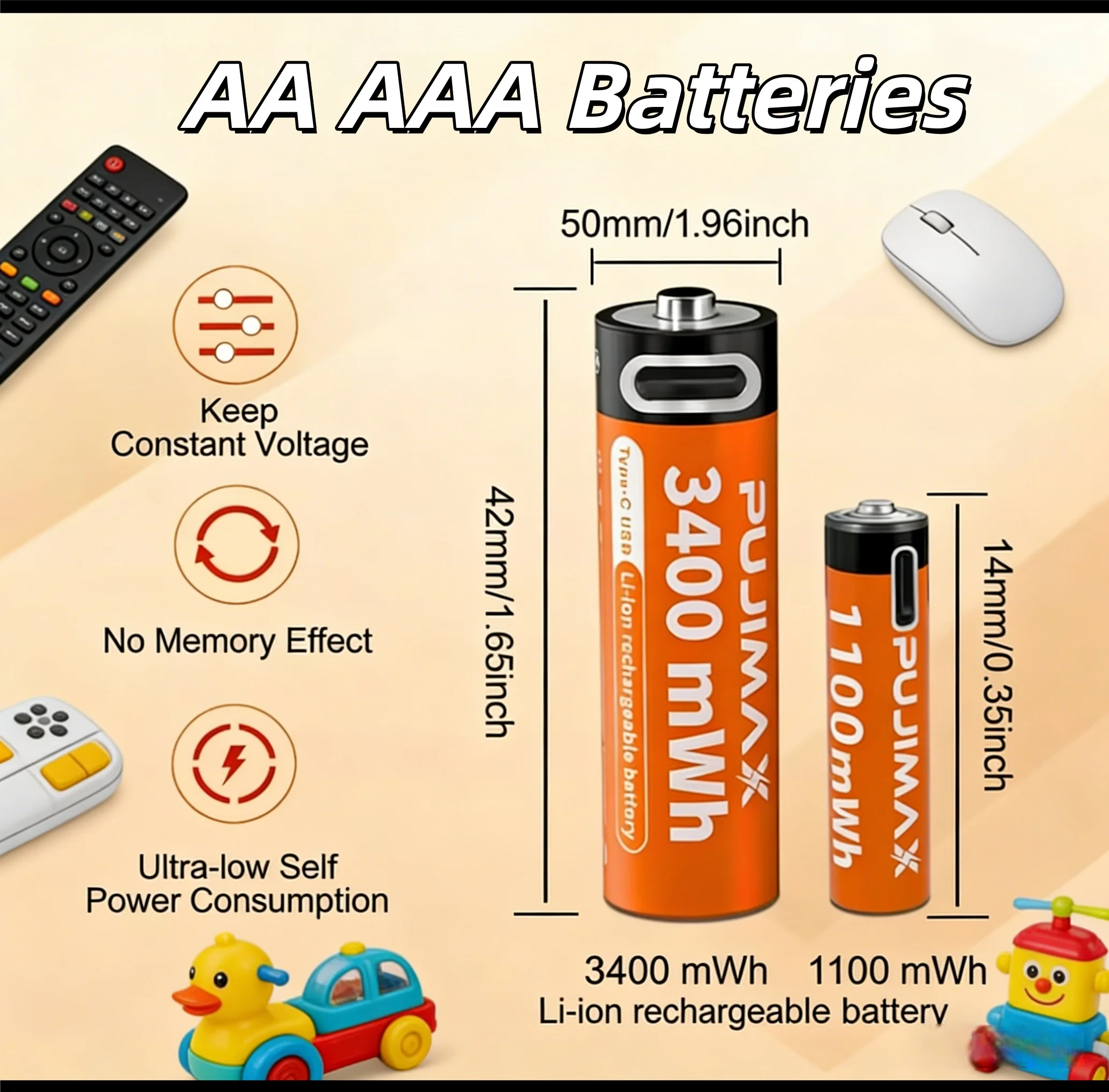 

1.5V AA/AAA Rechargeable Lithium Battery, 3400mWh/1100mWh, Type-C Charging, 1500 Cycles, for Alarm Clocks, Remotes, Toys