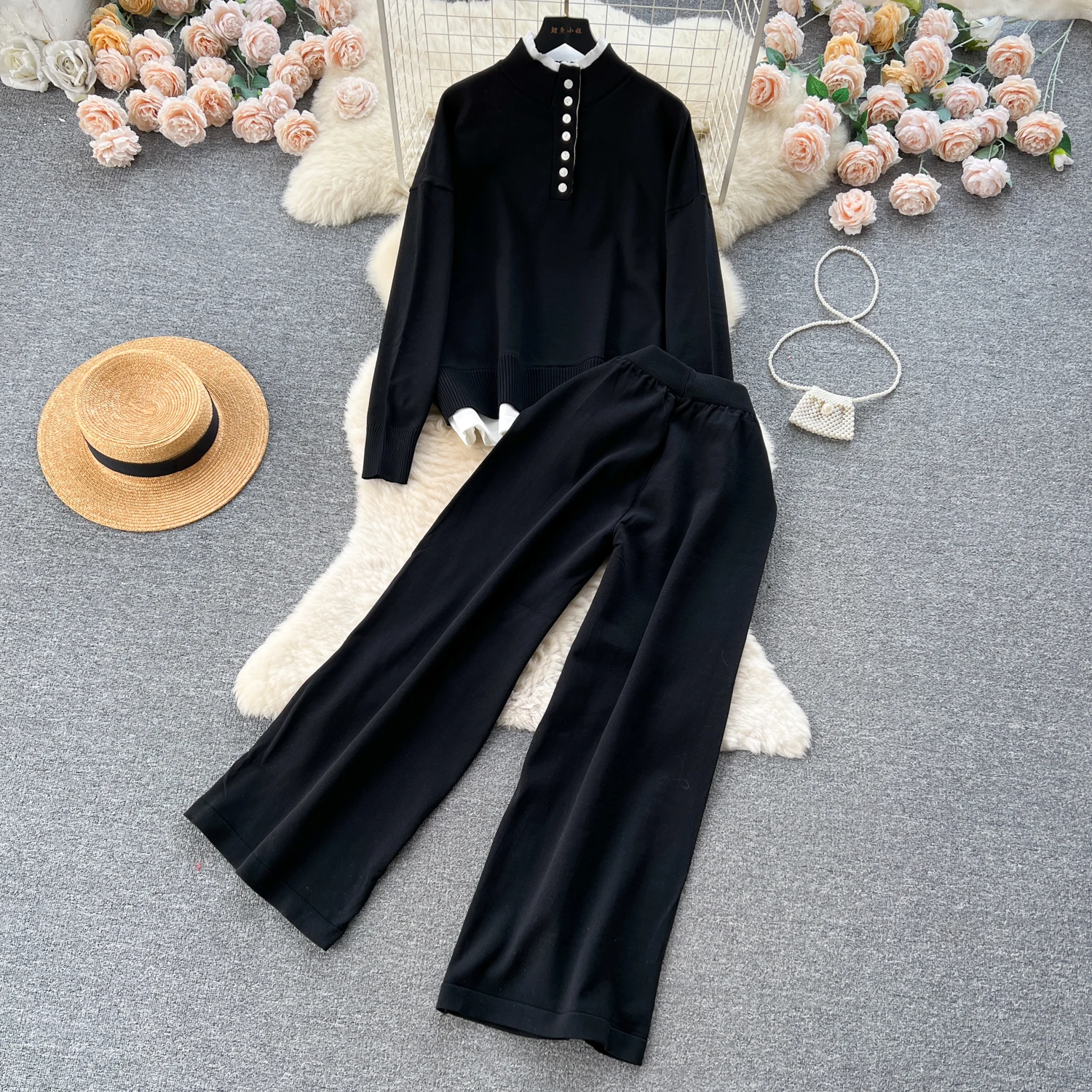 Women Two-Piece Sets Basics Patchwork Long Sleeve Button Top and High Waist Loose Wide Leg Pants Korean Fashion Casual Clothing