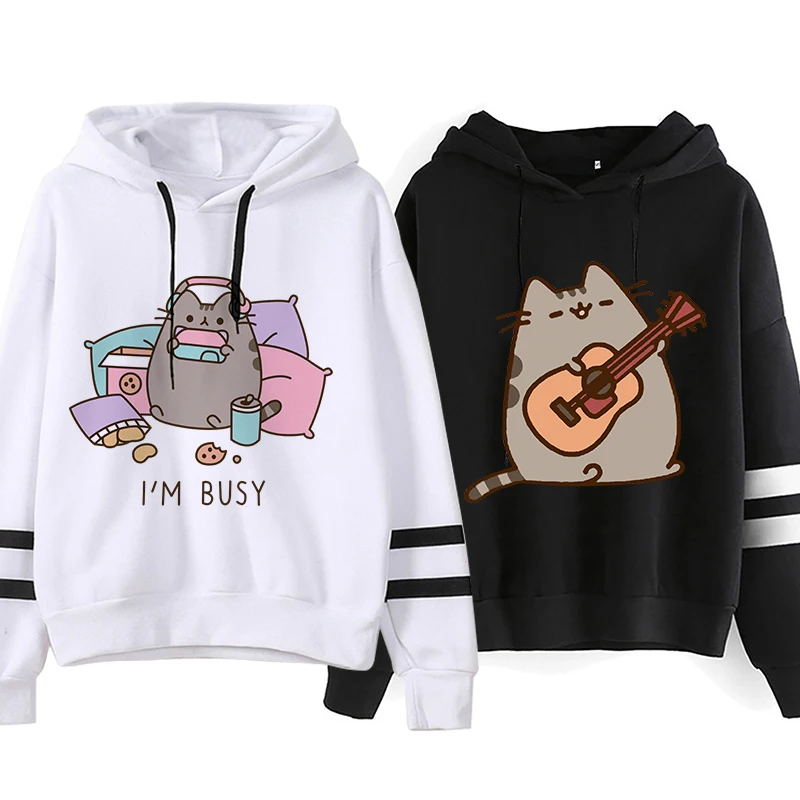 Women Ullzang Cute Cat Funny Cartoon Sweatshirt Pusheen Cat Kawaii Harajuku Korean Style Hoodies Graphic Fashion Hoody Female