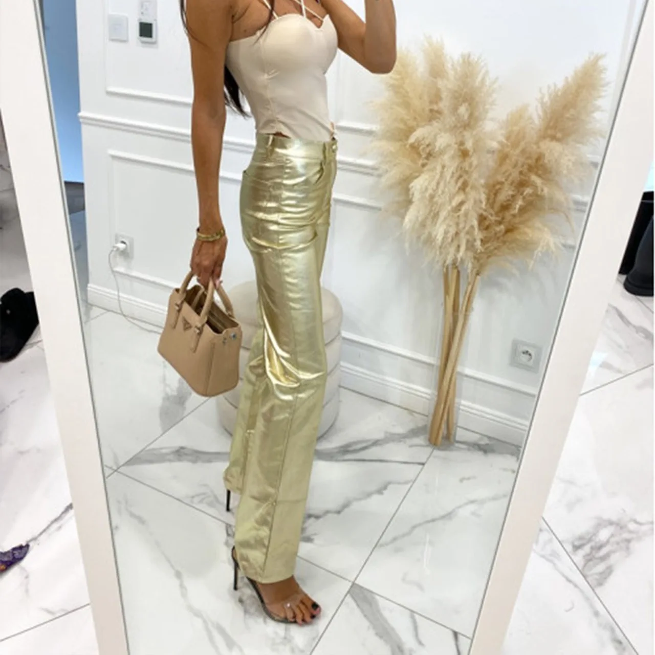 

Spring And Autumn New Casual Straight Leg Tight Pocket INS Fashionable Fluorescent Leather Pants 23008-1