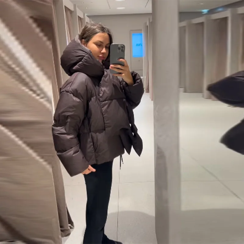 Women Fashion Detachable Hood Short Cotton Jackets Long Sleeved Brown Warm Thick Coat 2025 Winter New Lady High Street Outwear