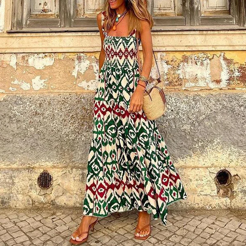 2024 Boho Print Women Sling Dress Casual Cool Loose Sleeveless Beach Long Dress Summer Fashion New Printing Party Female Dresses