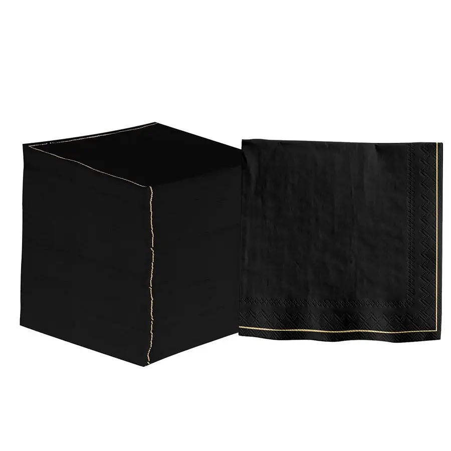 

120 Pack Sqaure Lunch Napkins, Disposable, Premium 3 Ply Paper, 6.5 x 6.5 Inch, Decorative Napkin, Black with Gold Stripe
