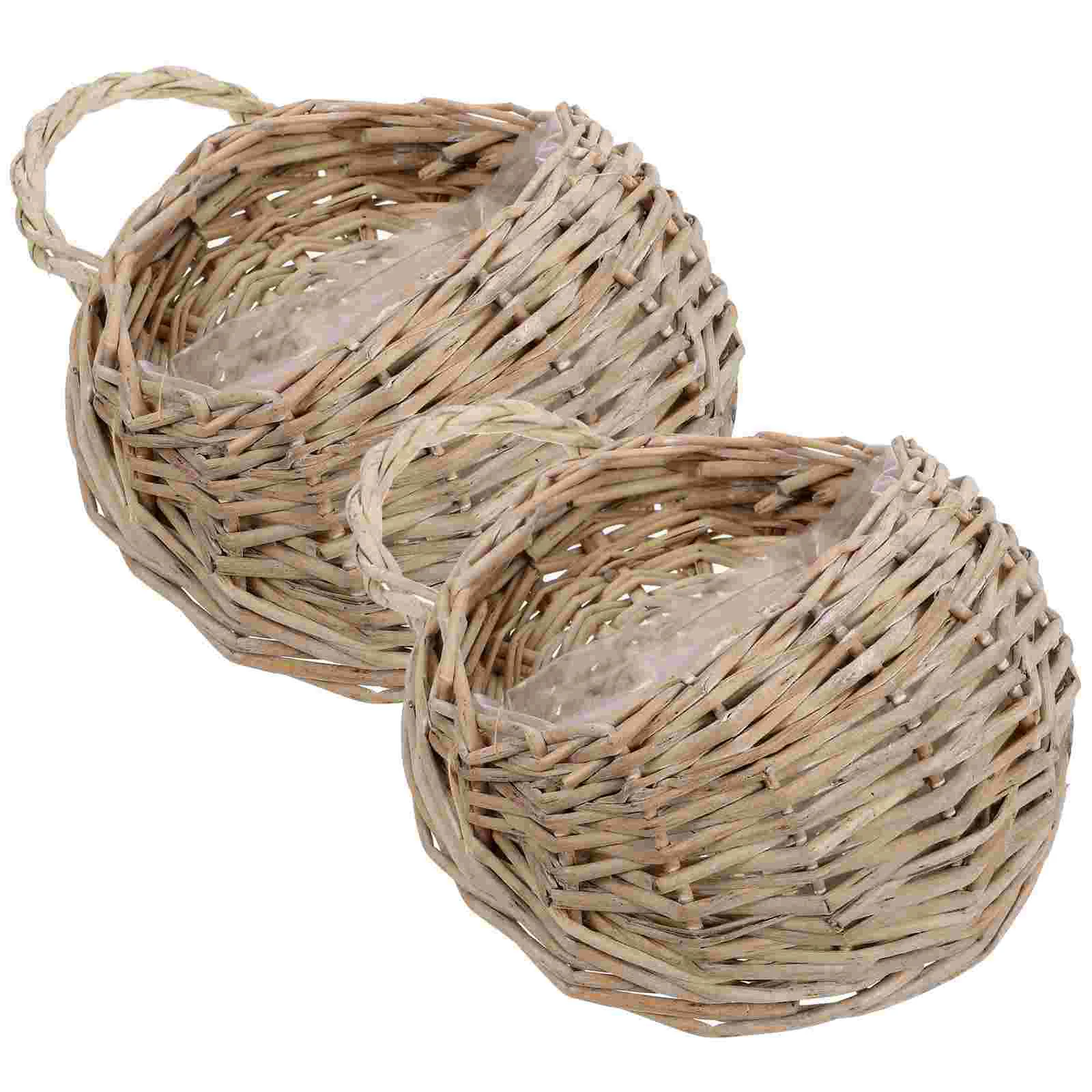 

2 Pcs Wall Hanging Rattan Flower Basket Home Decor Planter Onion Space-saving Woven Storage Holder Wooden Baskets