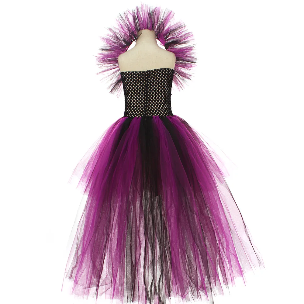 Mädchen Dark Angel Böse Königin Kostüm-Set Lila-Schwarzes Tüllkleid Mit Federflügeln Horn-Stirnband Für Halloween Karneval – Detail 11