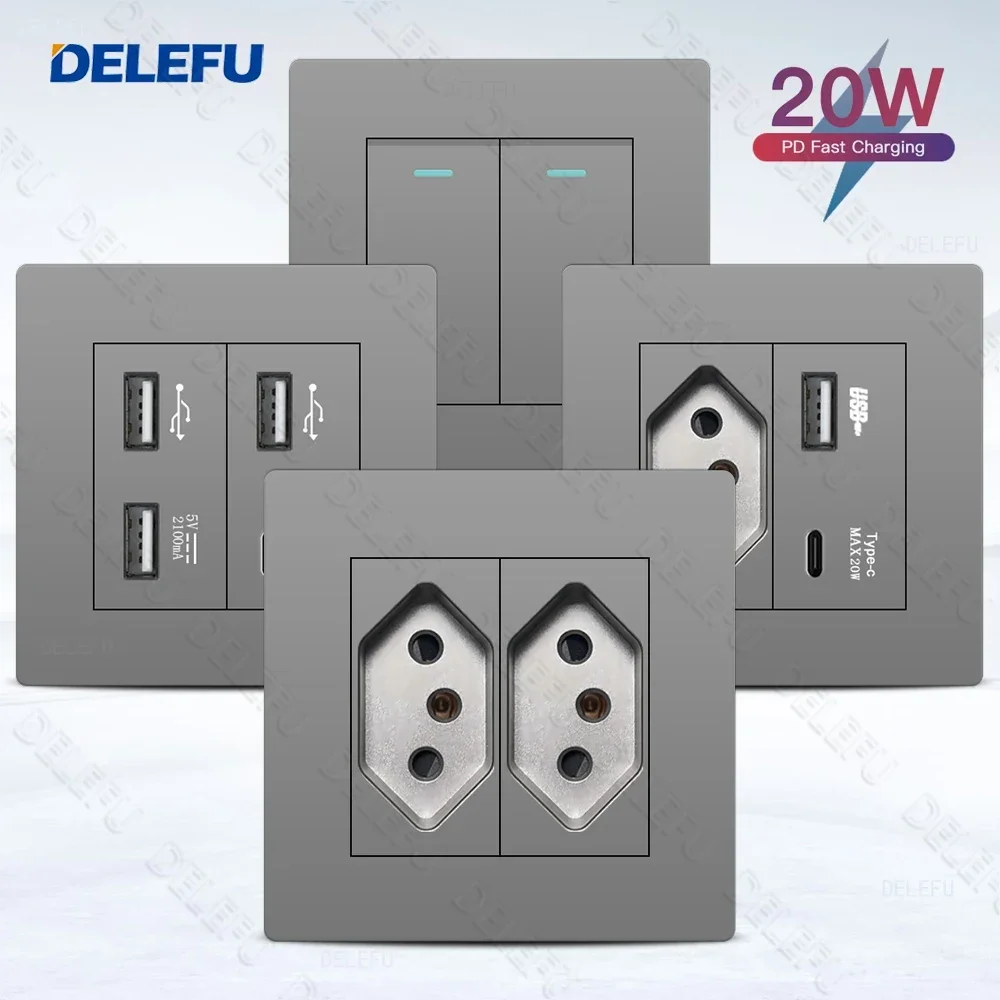 

DELEFU86 Type PC Gray Fire Retardant Panel Brazil Standard Wall Socket Switch Fast Charging 20w USB Type C Socket 10A 20A
