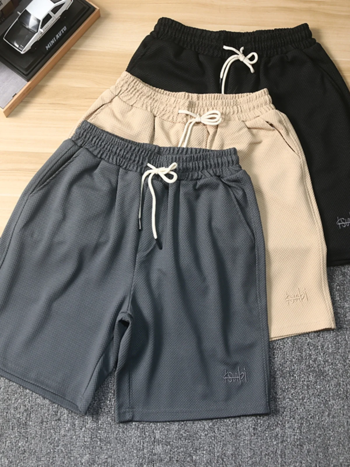 

Pine Texture Elastic Waist Casual orts Men's Summer Versatile Loose Fit Straight Leg Five-Quarter Length Pants