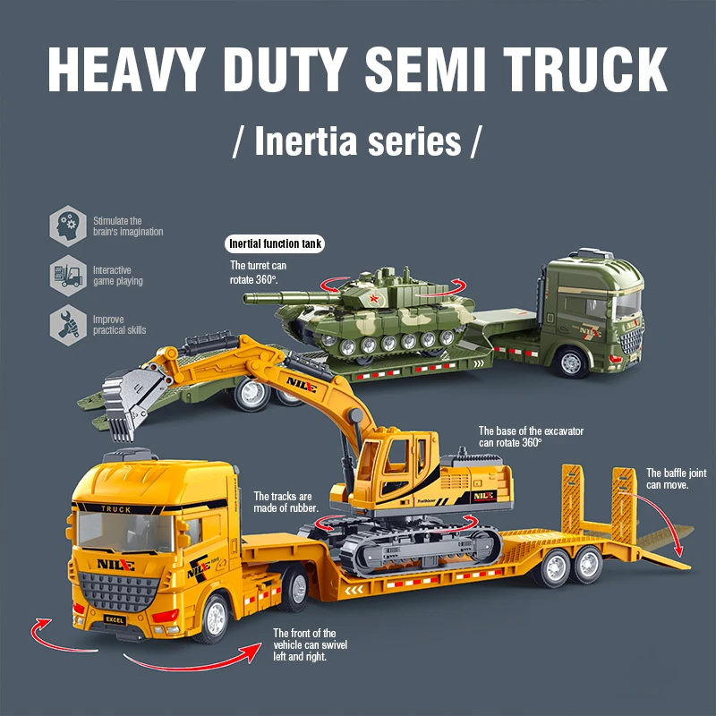 Kids Toys Excavator Tank Model Semi-Carrier Container Engineering Set Vehicle Transport Truck Inertial Car Collection Boys Gift