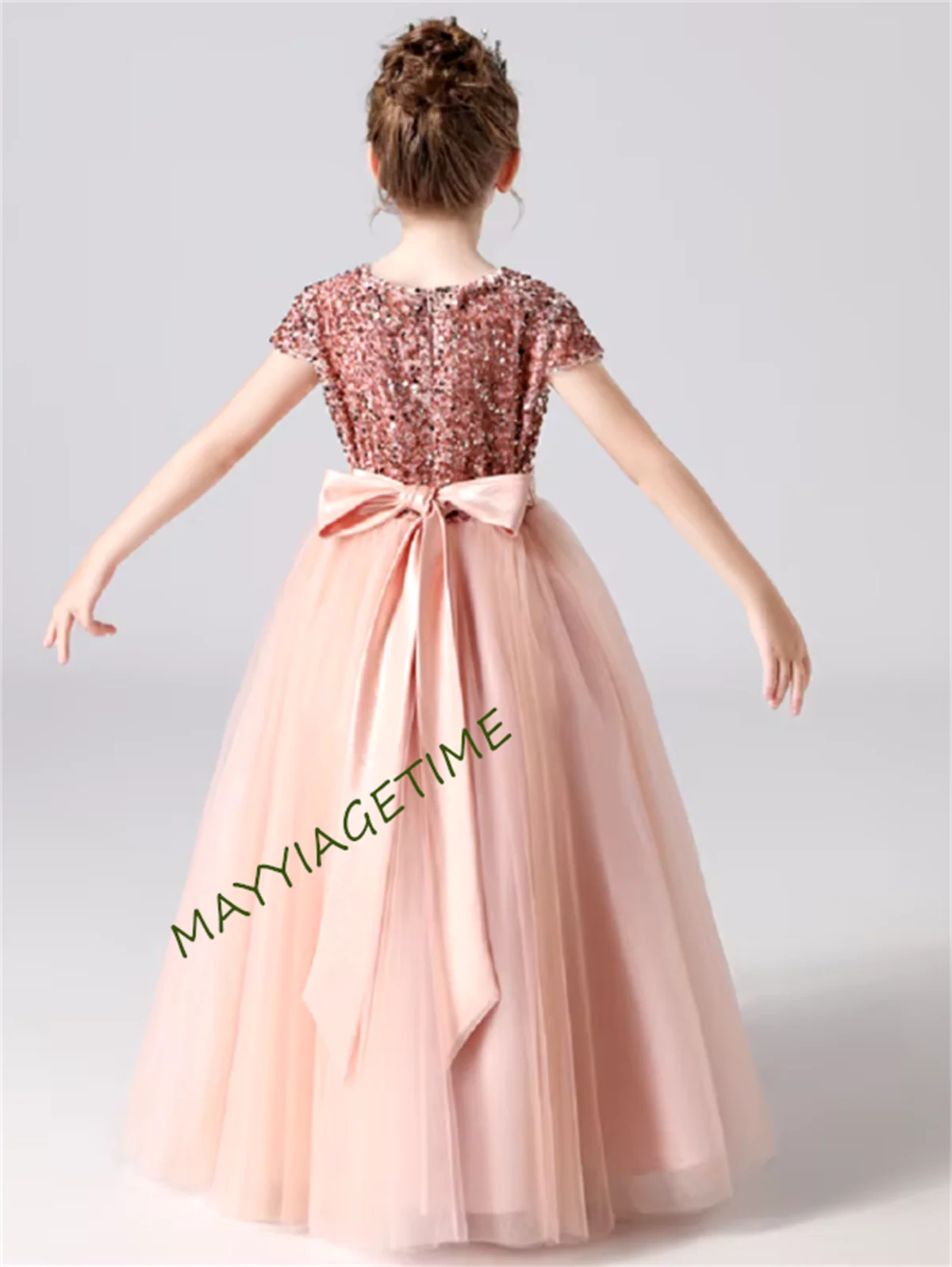 

Customized Sparkly Sequin Short Sleeve Flower Girl Dress Tulle Kid Birthday Party Pageant Prom Gown Junior Bridesmaid