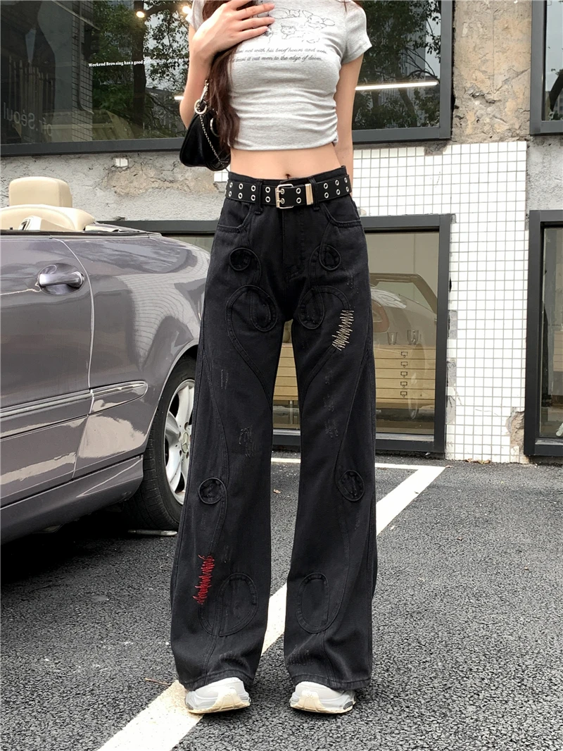 

Women's Black Embroidered Spliced Jeans Harajuku Style 90s Gothic Y2k Japanese High-Waisted Bell-Bottom Trousers Straight Jeans