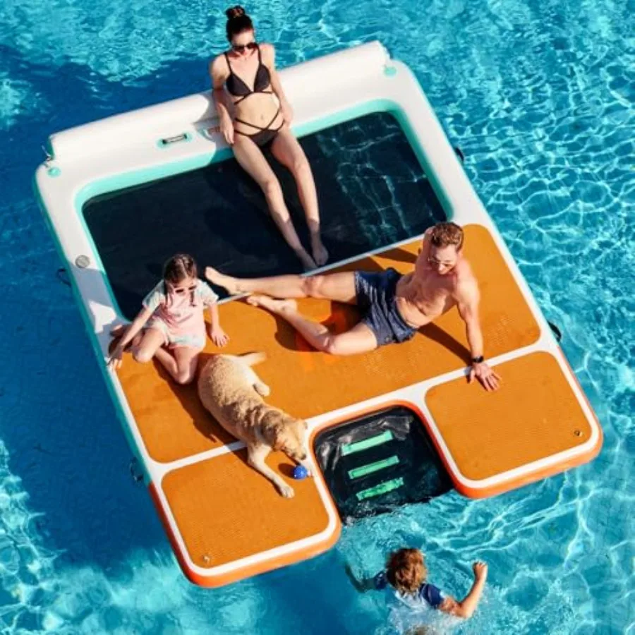 Inflatable Floating Dock For Lakes And Pools, PVC Material, Blue And Gray, Extra-Wide Dog Ramp With Water Hammock And Ladder