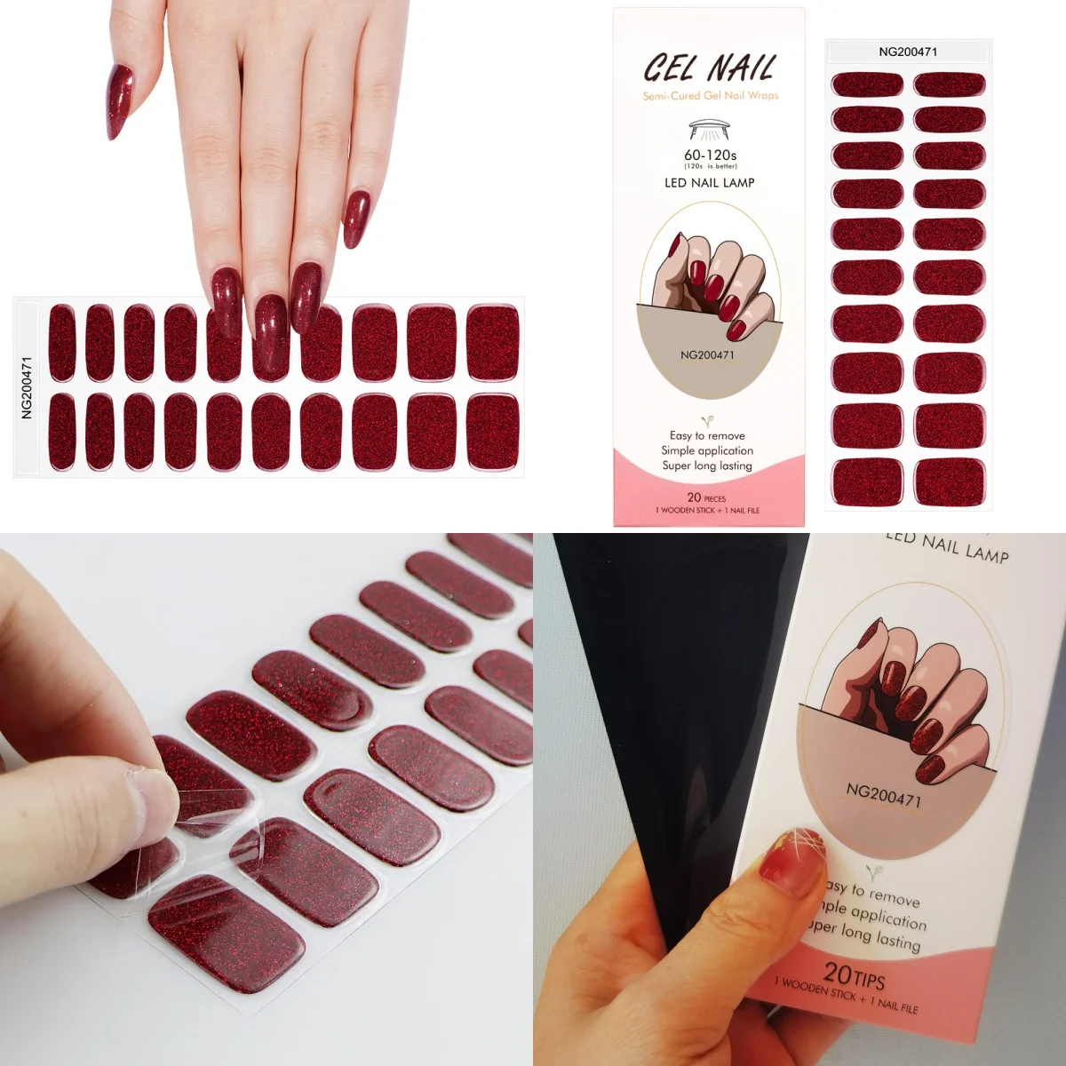 20 Tips NG Semi-Cured Gel Nagel-Patches, Rosa Tulpenblumen, selbstklebende Slider, langanhaltende Full-Cover Nagelsticker, UV-Lampe erforderlich