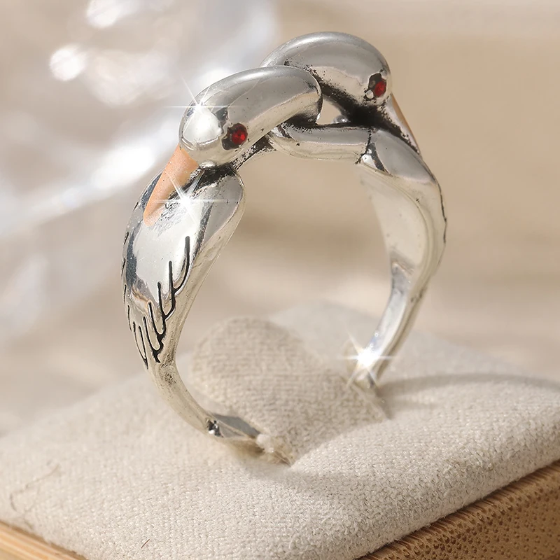 Vintage handgeschnitzter Vogel-Damenring, silberfarbenes Metall, geometrisch, für den täglichen Gebrauch, Party-Schmuck, Jubiläumsgeschenk – Detail 3