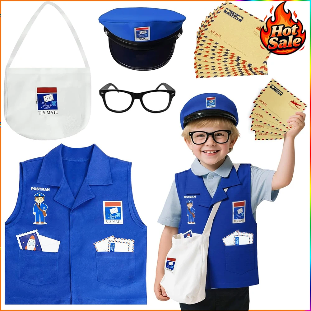 

FANDAO Kid Mailman Costume Set for Boy Girl Community Helpers Postal Worker Uniform Set for Pretend Play Role Play & Career Day