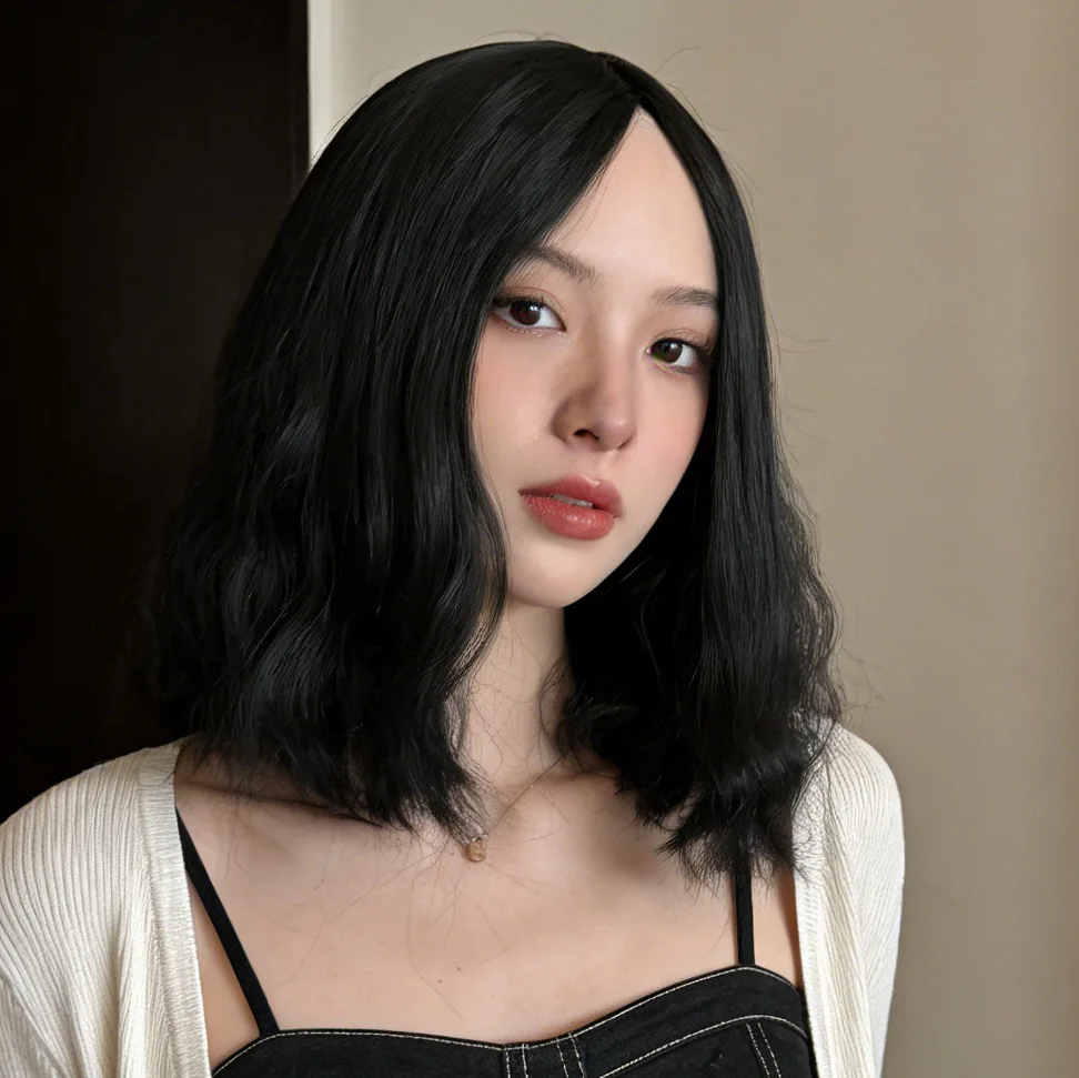 Black parting short curly synthetic wig - Halloween cosplay character costume wig - Daily wig - High-temperature silk wig set