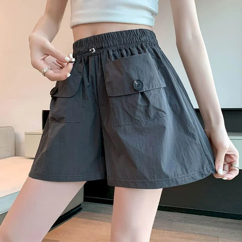 Solid Shorts Women Casual Loose Parachute A-line Wide Leg Shorts Safari Style Elastic Waist Hot Pants Streetwear Women Clothing