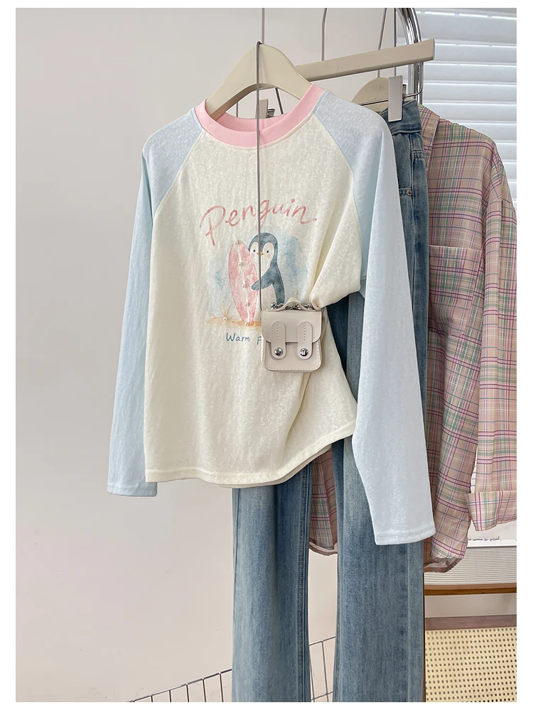 Long Sleeve T-Shirt Women Casual All-Match Color Block round Neck Design Penguin Print Top Breathable Cotton Polyester Blend