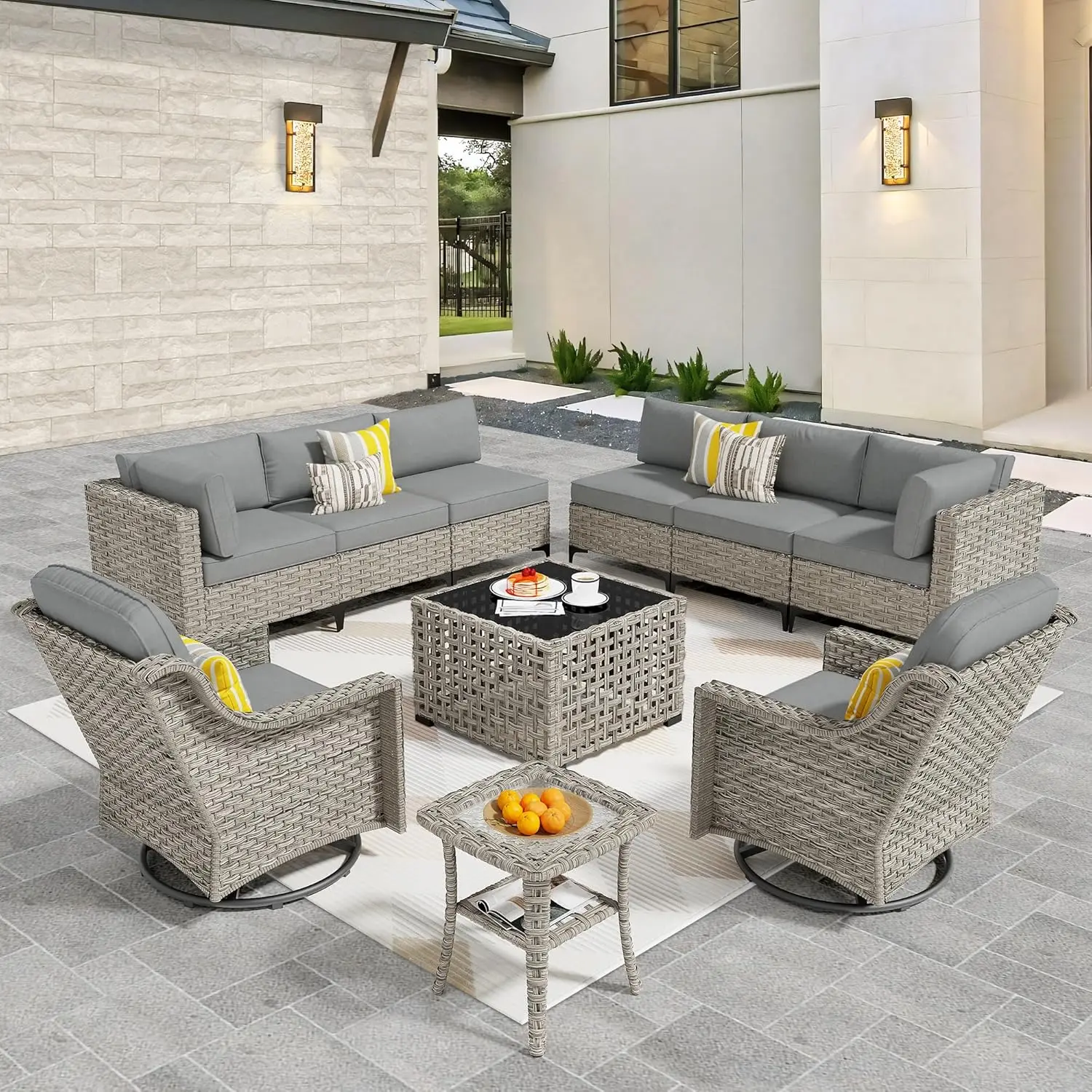 

Outdoor Patio Furniture with Swivel Rocking Chair, Rattan Wicker Conversation Set with Glowing Coffee Table