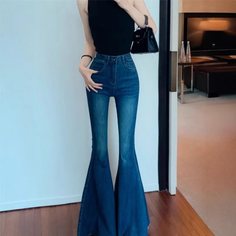American Women's Flared Jeans Fashion High Street Fringed Edges Slim Denim Pants Spring Autumn Female Retro Blue Trousers