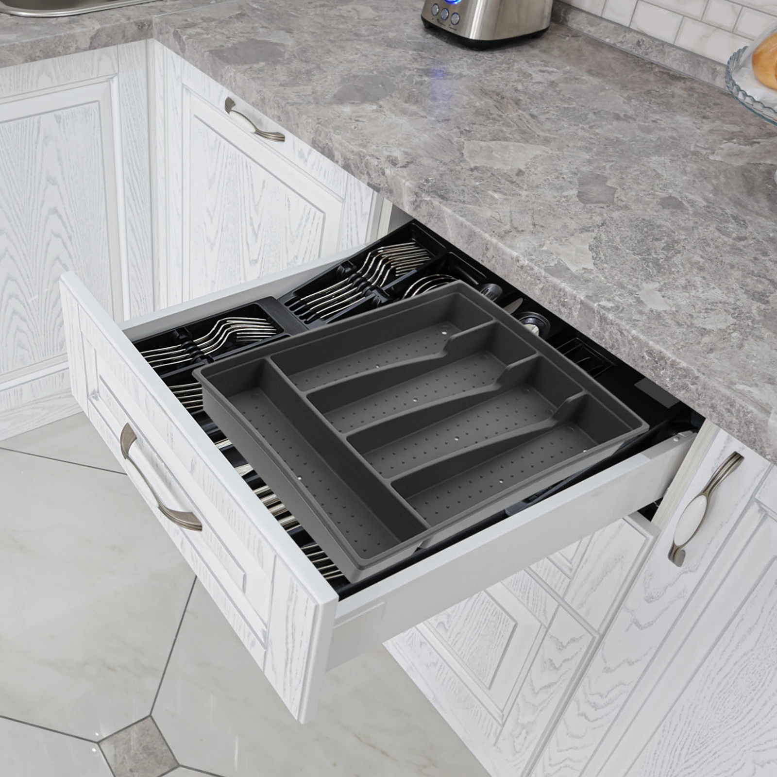 

Knife Cutlery Drawer ganizer Multi Compartment Silverware Tray for Kitchen Living Room Bedroom Bathroom Plastic Gray