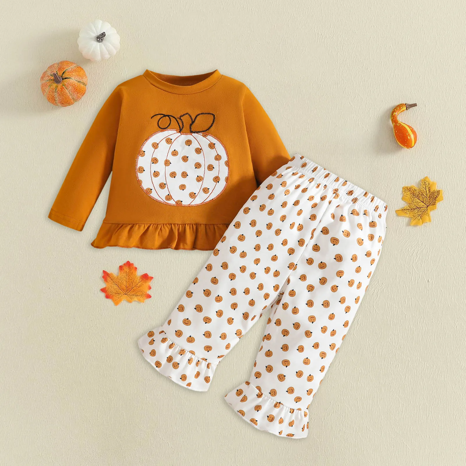 طفل خارج صالح طفل رضيع فتاة هالوين الزي اليقطين طباعة قميص طويل الأكمام وسراويل جرس قيعان ملابس الصيف الاطفال الفتيات #1