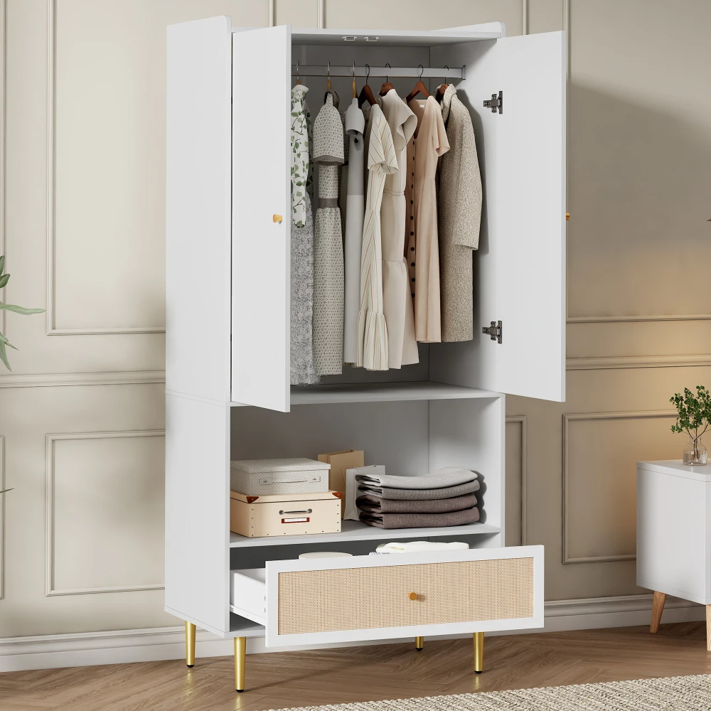 PINGGO Weißer Kleiderschrank mit 2 Türen, Rattanschublade, Metallbeinen und Griffen, 80x48x175cm, für Schlafzimmer und Wohnzimmer – Detail 9