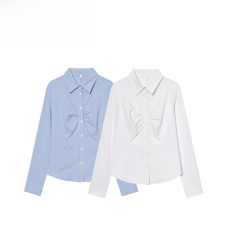 

Faionable Autumnal ZR Women's irt Ele Simple Pleated Slim Fit Long Sve Polyester Fiber Resistant to Deformation