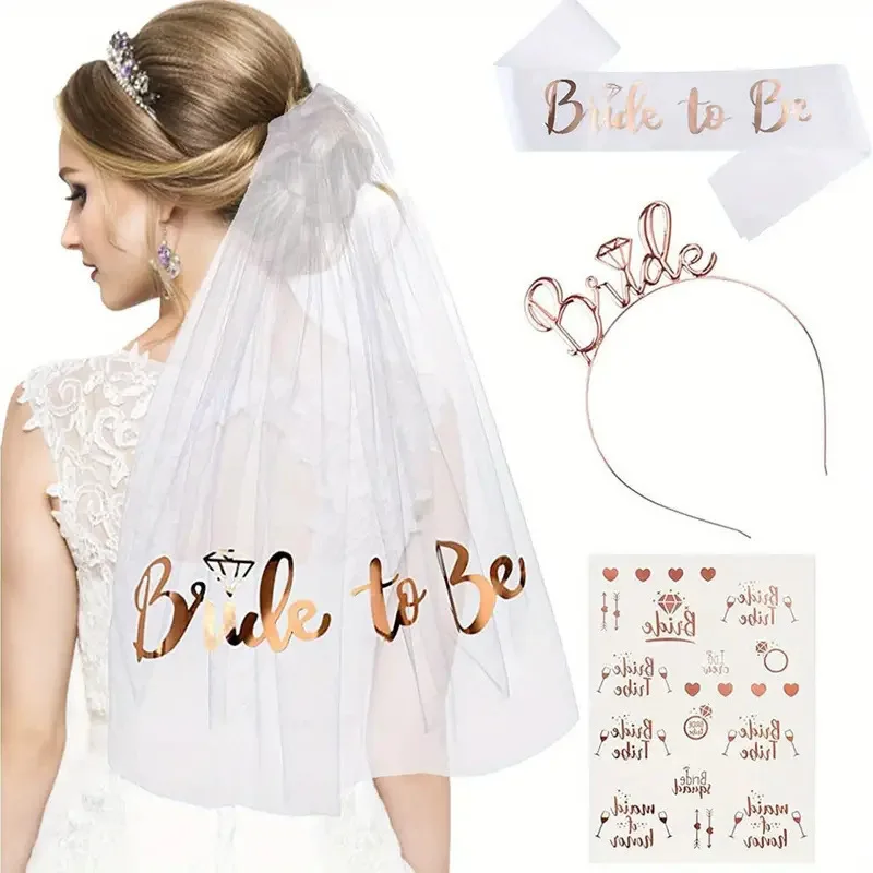 

Wedding Bridal Party Kit Rose Gold Foil Veil Headband Shoulder Belt Temporary Tattoos