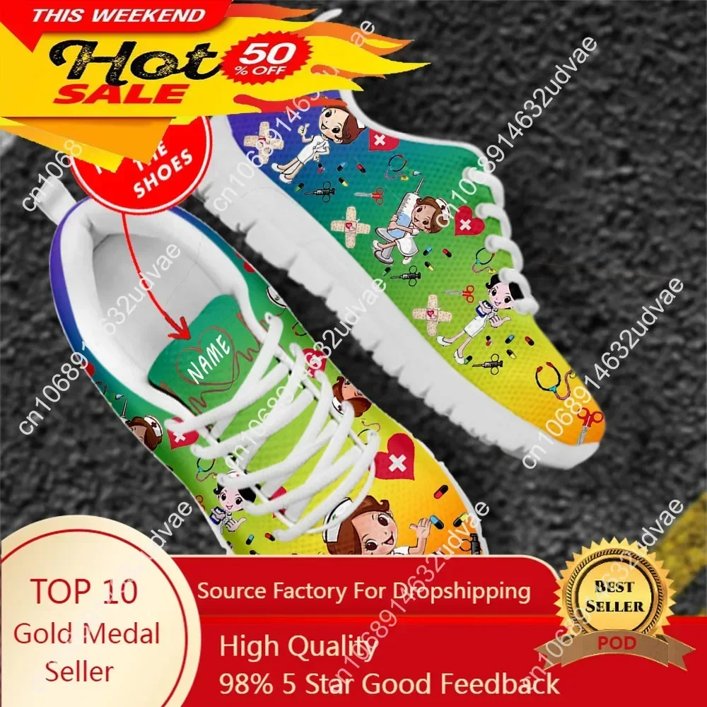Colorful Cartoon Nurse Sneakers Women's Shoes Custom Name Doctor Print Mesh Pride Flat Shoes for Laides Dropshipping