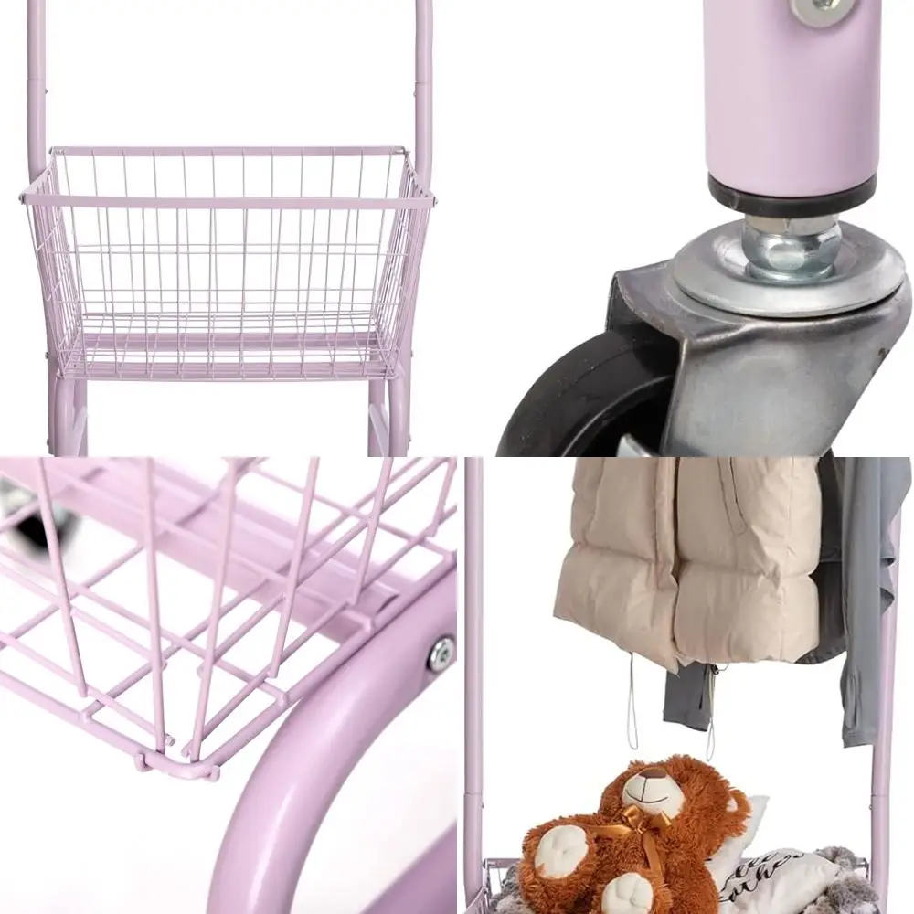 

Фиолетовая тележка для белья на колесиках с проволочной вешалкой для одежды и хранилищем