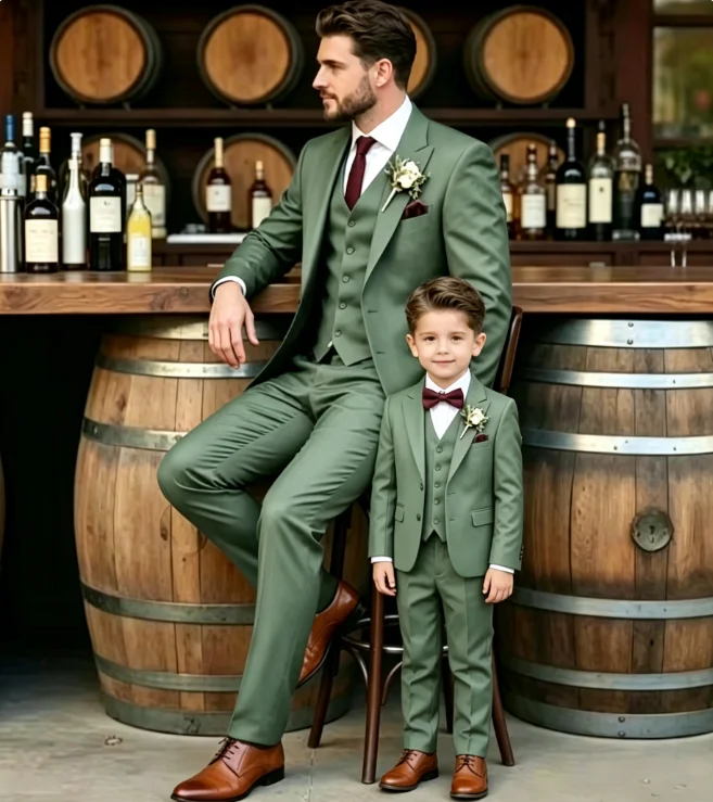 Men Boys Family Matching Burgundy Suit 3 Pieces Vest Jacket Pants Slim Wedding Prom Groom Tuxedo Father Son Formal Outfits