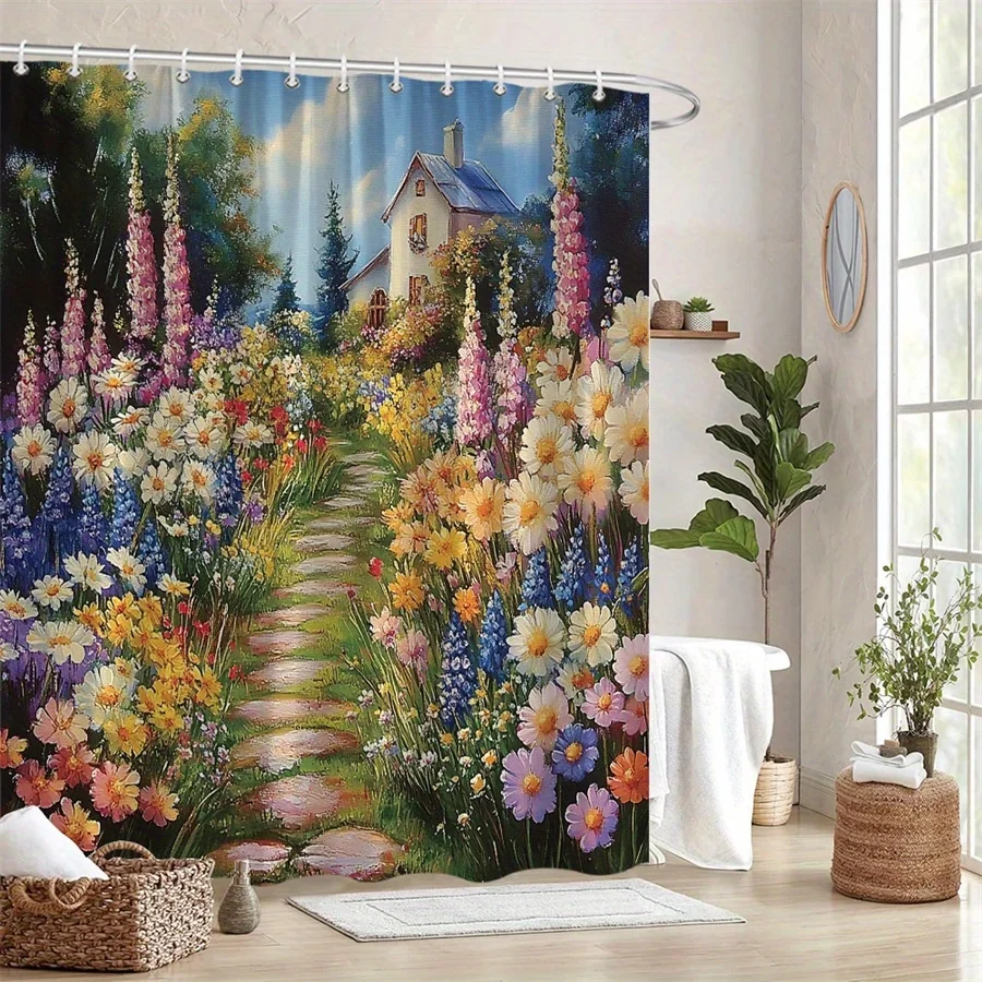 

Garden Pathway Shower Curtain - Vibrant Wildflowers, Machine Washable, Whimsical Decor, Ideal Moving Gift